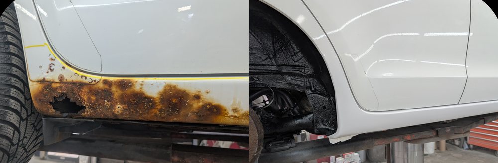 Rusted rocker panel, then treated and brought back to new